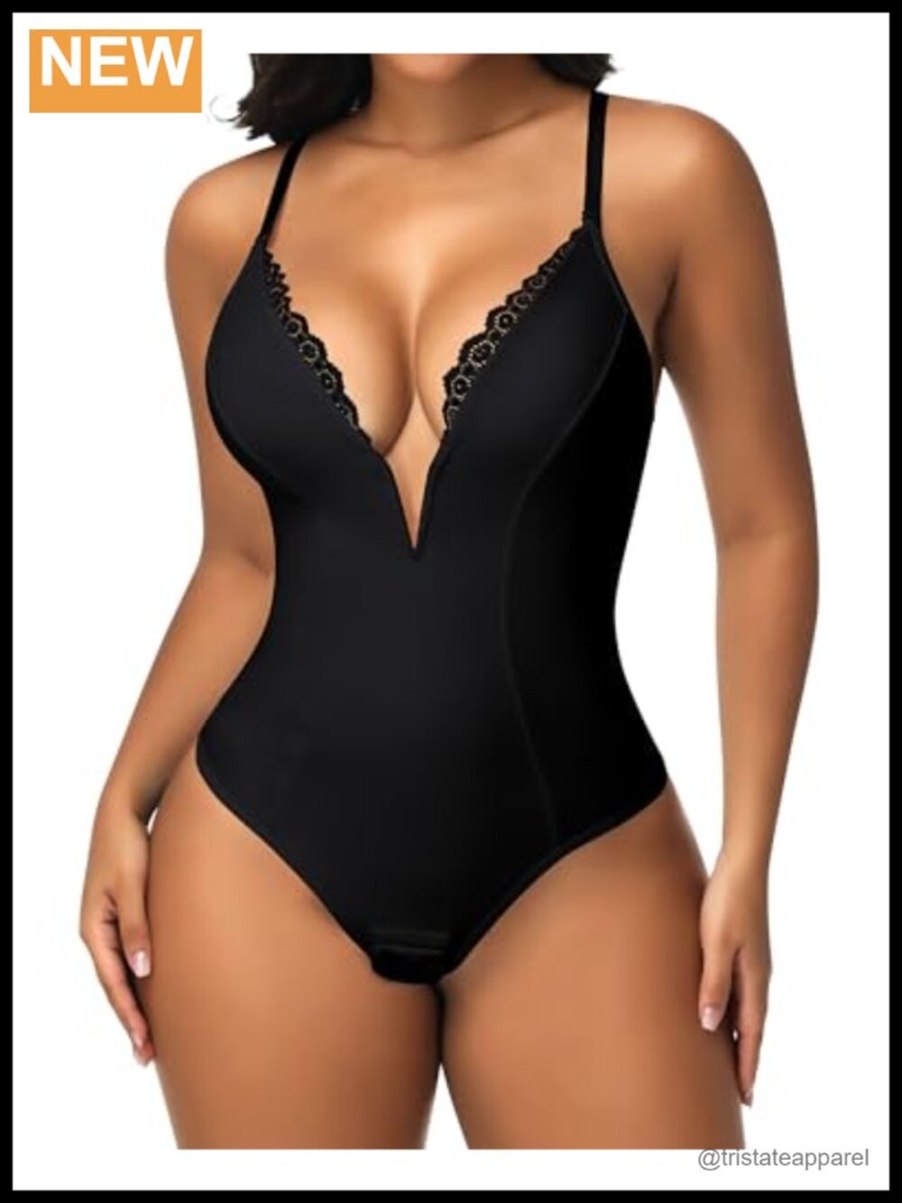 Lace Trim Deep V Bodysuit Plunge Tummy Control Shapewear Thong Cami Top